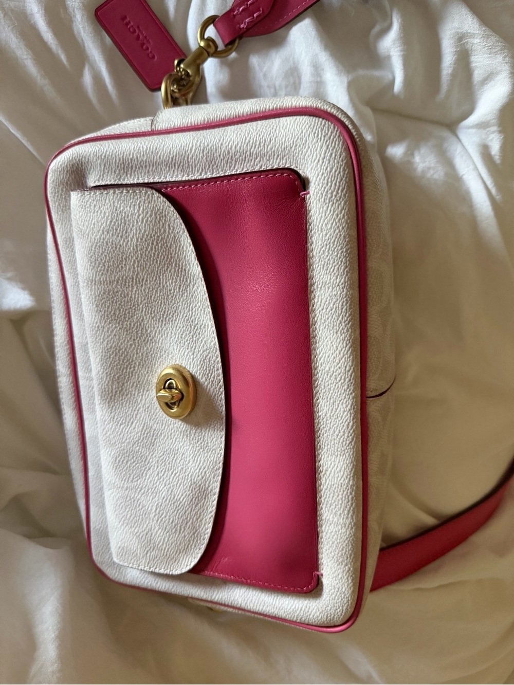 Coach White and Hot Pink Leather Crossbody Camera Bag